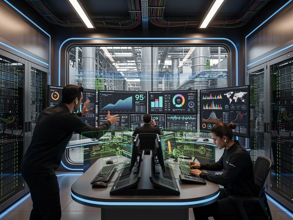 Data center control room with monitors tracking battery storage, AI loads, and grid metrics amid glowing battery racks