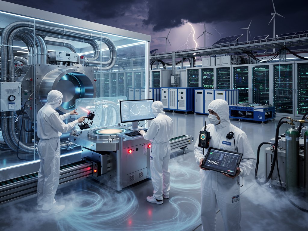 Semiconductor cleanroom with EUV machine and helium purge linking to grid battery storage at data center substation