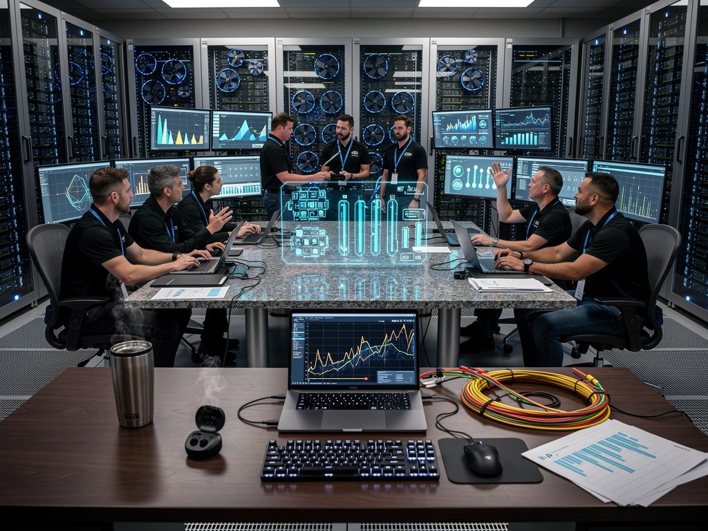 Control room monitors display data center power and cooling metrics with grid storage visuals