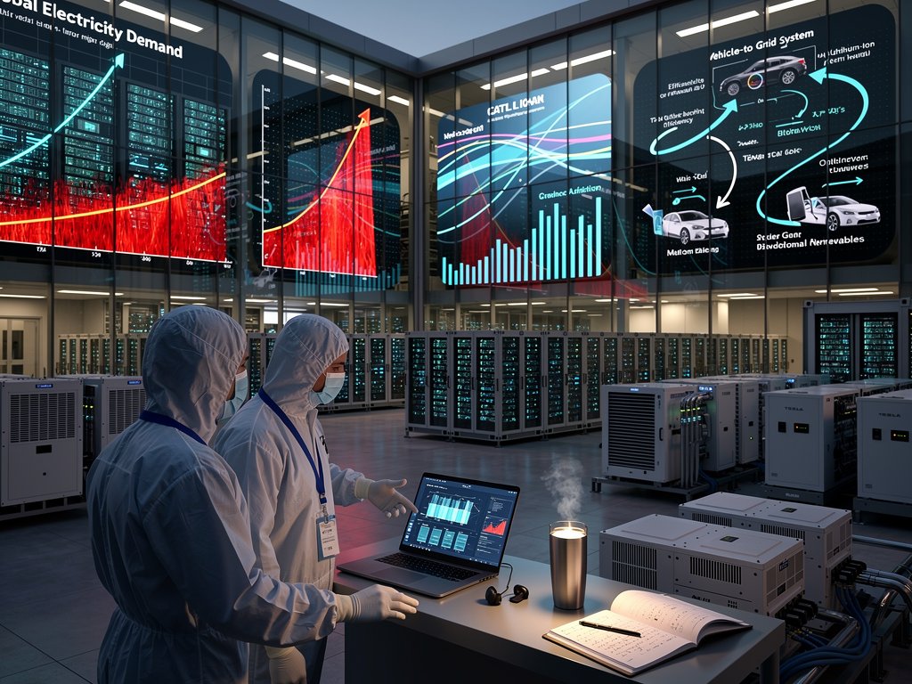 Data center with power surge graphs, battery efficiency charts, and V2G visuals in advanced tech setting