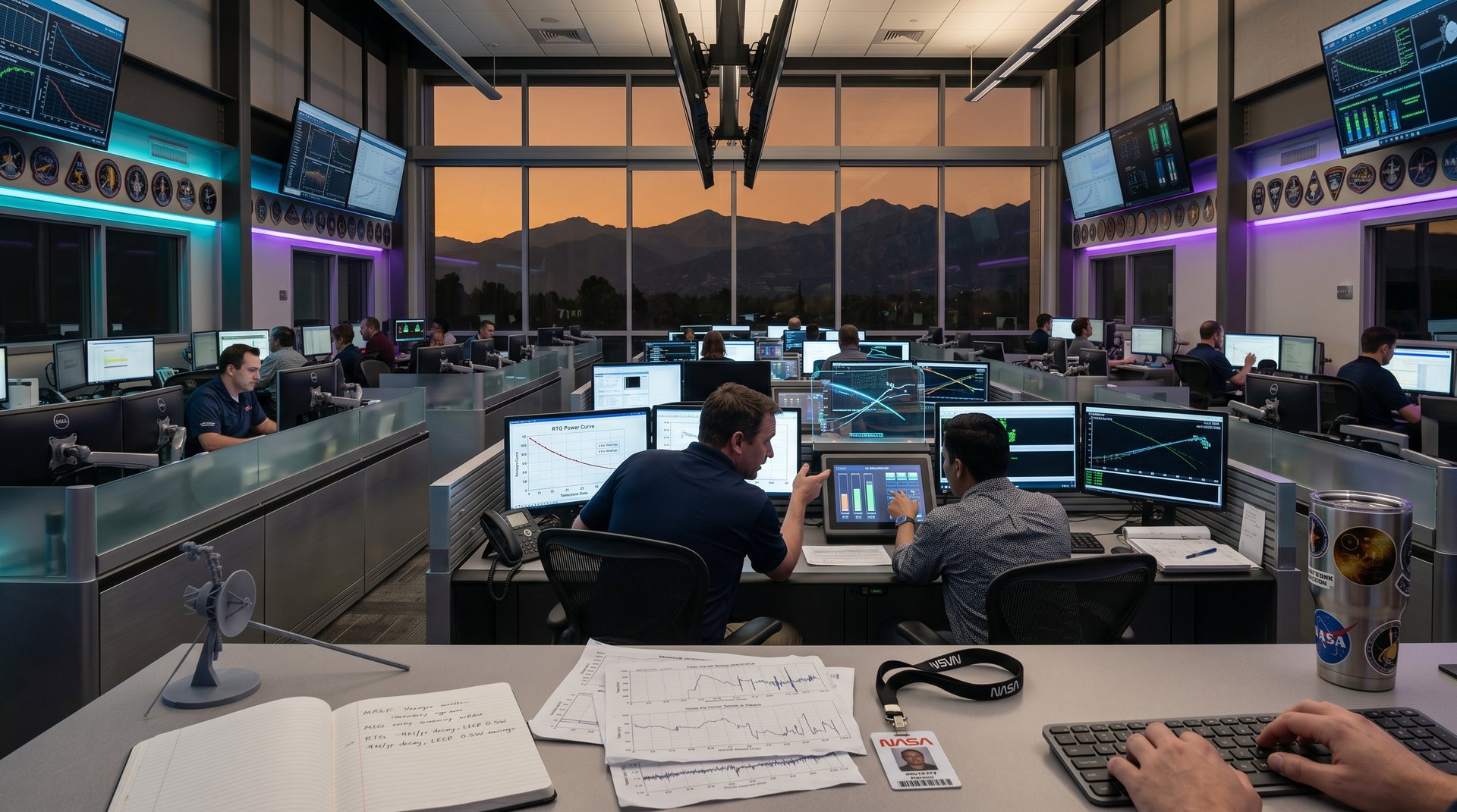 JPL engineers monitor Voyager 1 power graphs in high-tech control room with RTG data and mission displays