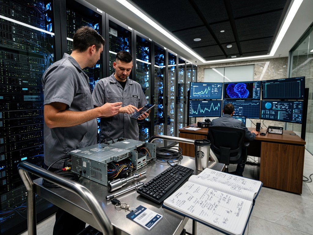 Data center server racks with glowing GPUs, helium cooling lines, monitoring consoles showing grid metrics, and exterior battery storage containers