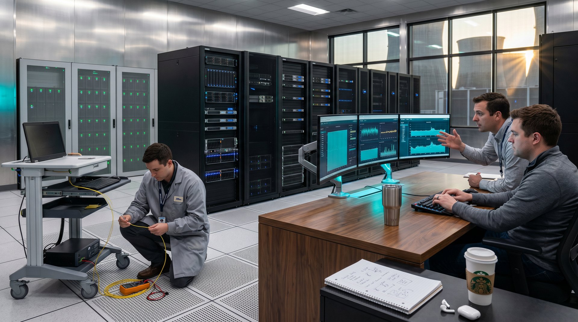 Server racks and battery enclosures in high-tech data center powering AI compute