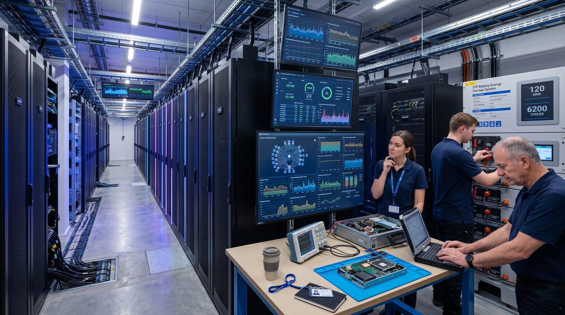 Data center with AI chip prototype, UPS batteries, and efficiency displays highlighting power optimization