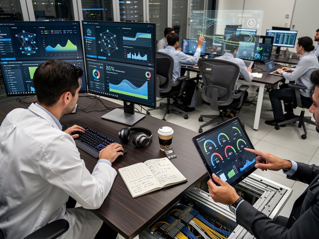 Control room monitors display AI power graphs, battery stats, and renewable metrics amid glowing server racks and solar-battery views