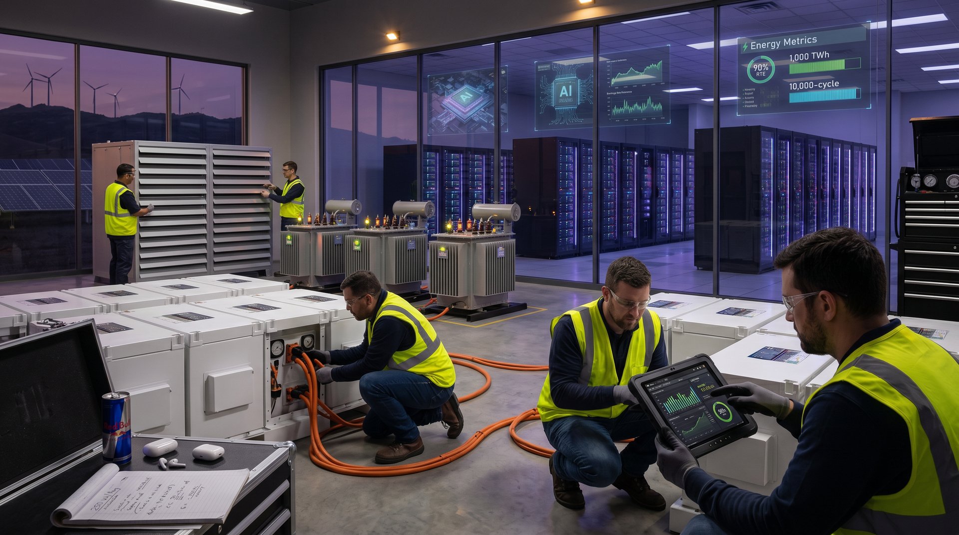 Data center with battery storage arrays, server racks, and renewable energy integration for AI power demands