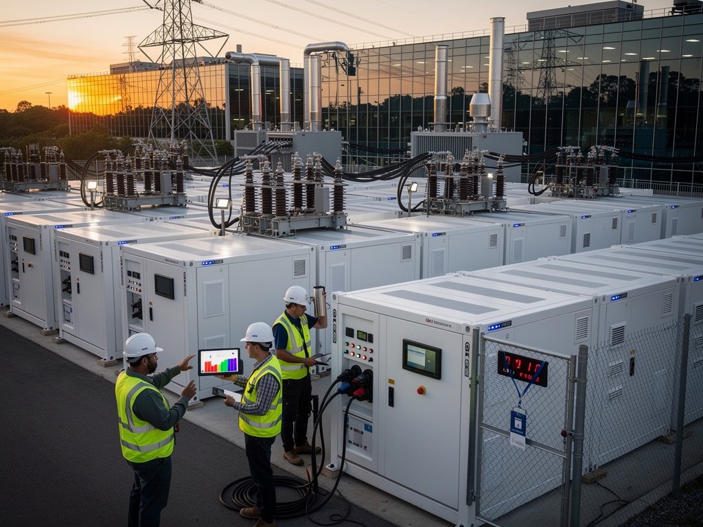Utility-scale BESS beside data center with bromine supply dashboard alerts