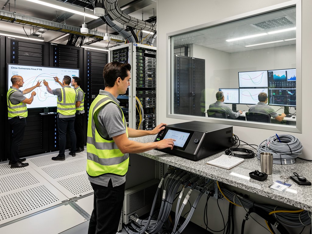 Engineers monitor battery racks and servers in a high-tech data center control room