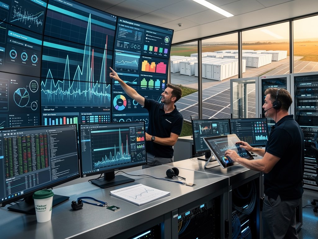 Data center operators monitor AI grid storage and compute power flows on video wall amid battery and server infrastructure
