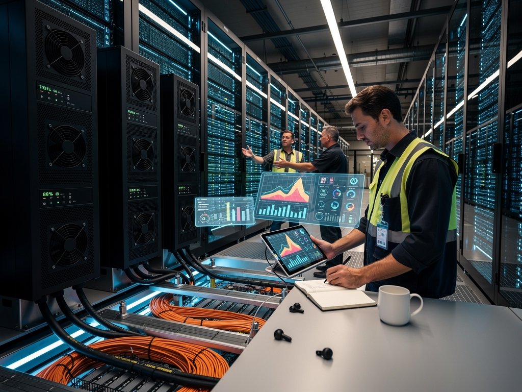 Glowing server racks and battery modules in a modern data center powering AI infrastructure