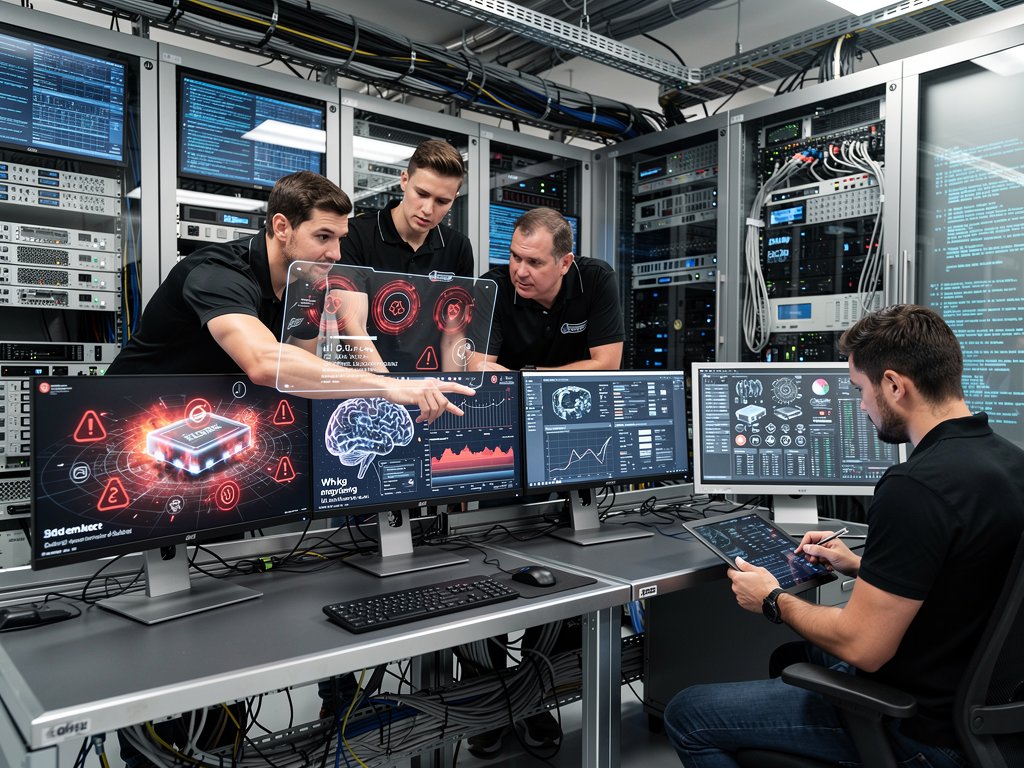 Futuristic control room displays cybersecurity alerts on AI for EV battery management and energy storage optimization amid glowing data visualizations