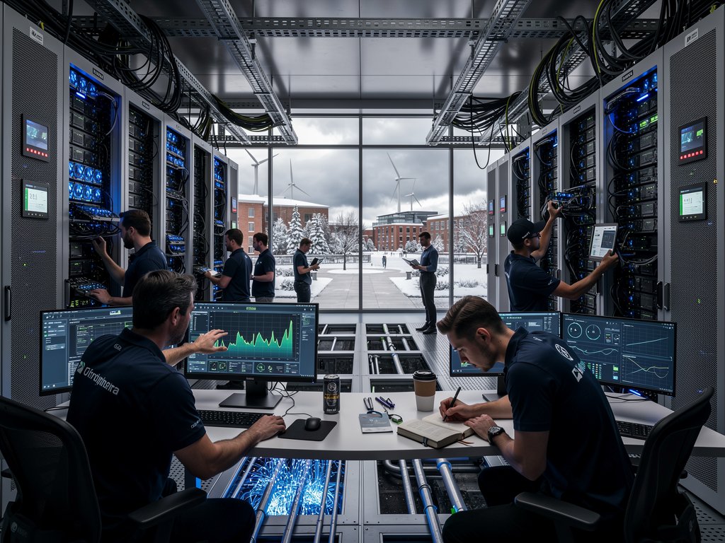 Glowing GPU server racks and lithium-ion battery storage units in a university data center with monitoring screens and renewables view