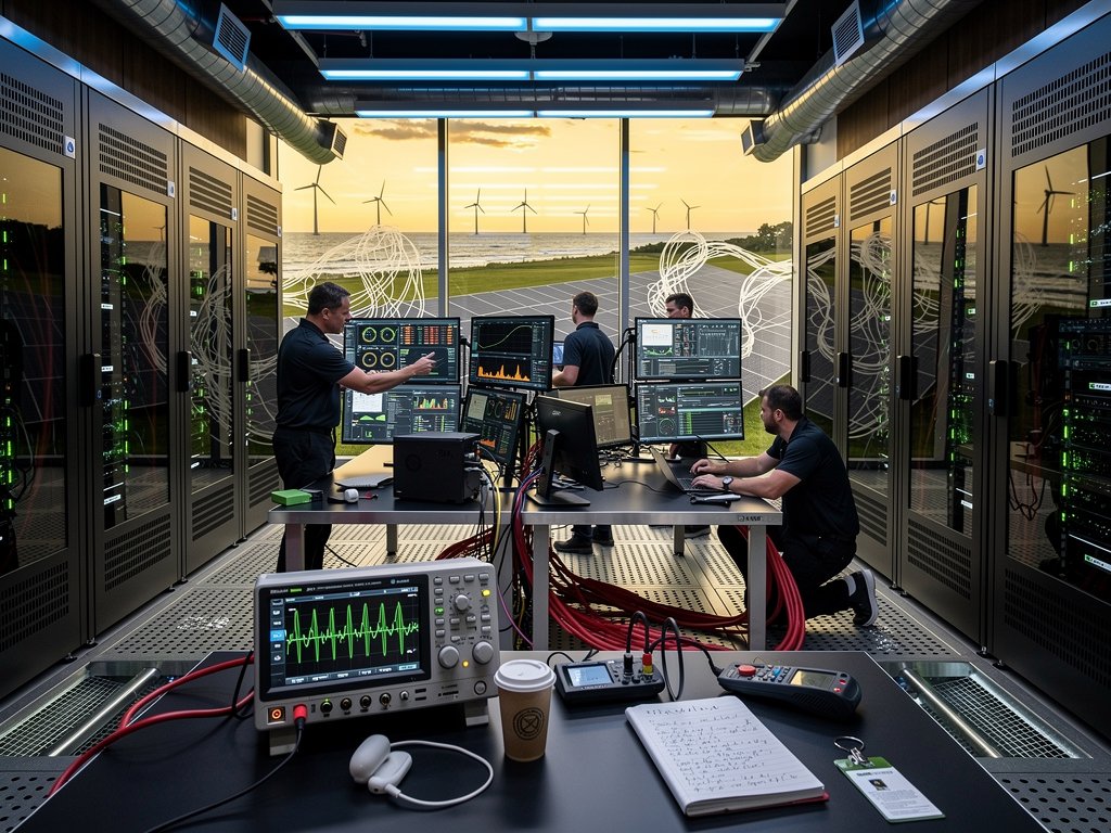 University data center with GPU racks, power infrastructure, AI displays, and views of offshore wind and solar in Maine