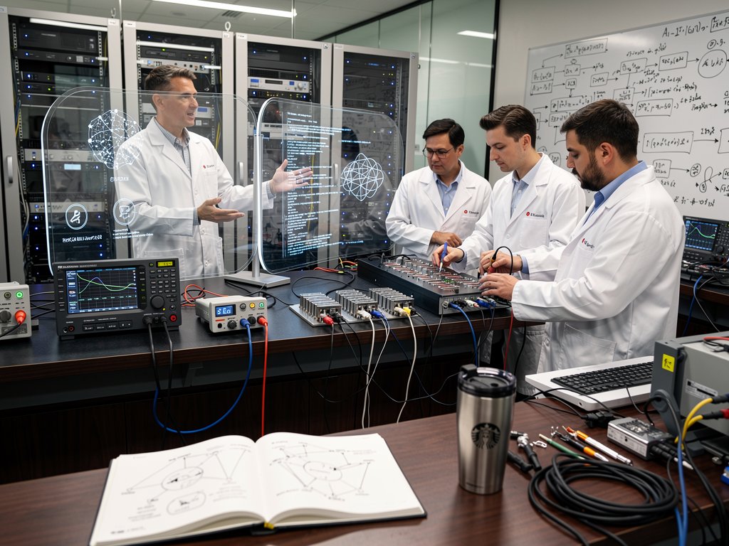 Engineers analyze AI battery management models on multi-monitors in modern lab with server racks, whiteboards, and prototype cells
