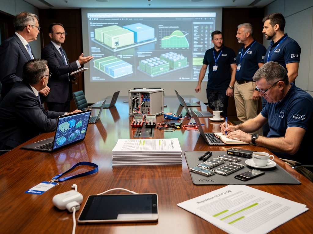 EU policy advisors review modular battery prototypes and Regulation 2023/1542 documents in Brussels briefing room