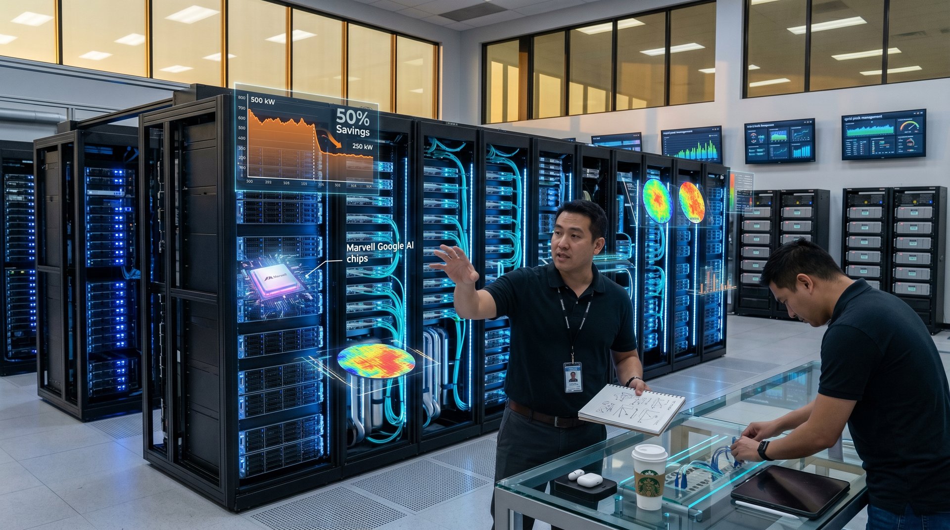 Futuristic data center with Marvell Google AI chips, efficiency graphs, and battery storage integration