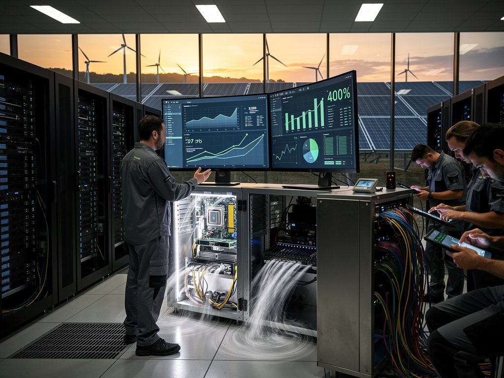 Engineer inspecting AWS G7g server in data center with SageMaker dashboards and solar-storage hybrid view