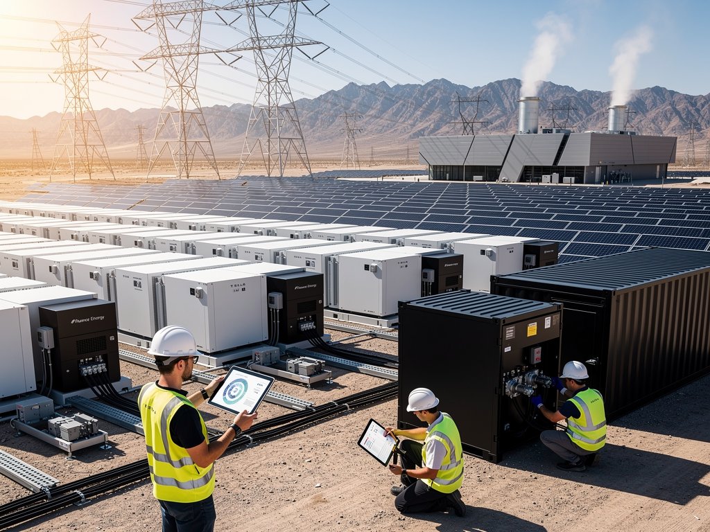 Grid-scale battery storage farm with Megapacks next to data center and transmission lines