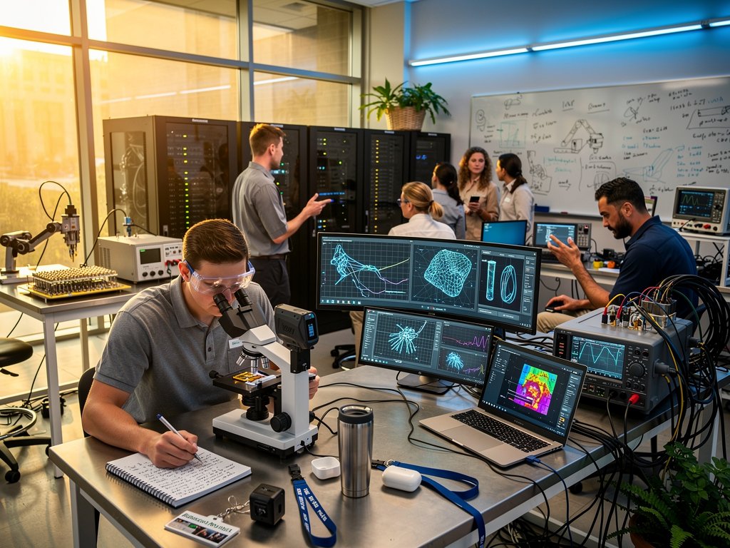 Researchers in modern university lab develop AI models for battery optimization and grid storage on large monitors amid test equipment and prototypes