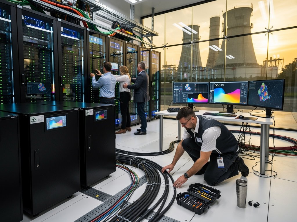 High-density AI data center integrated with Megapack battery storage and glowing server racks